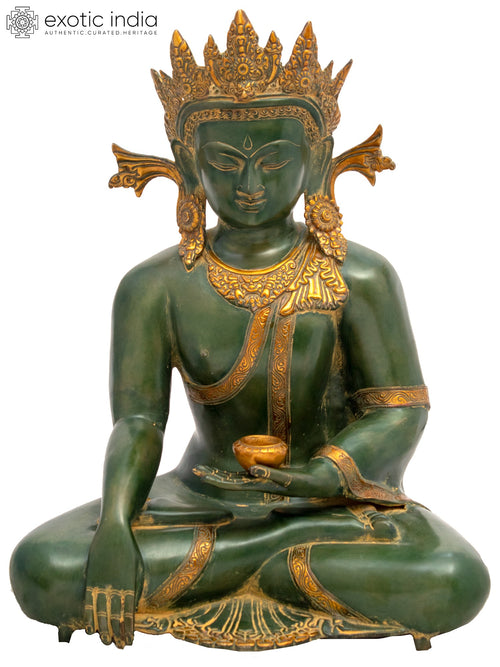21" Handmade Crowned Buddha Brass Statue for Pooja
