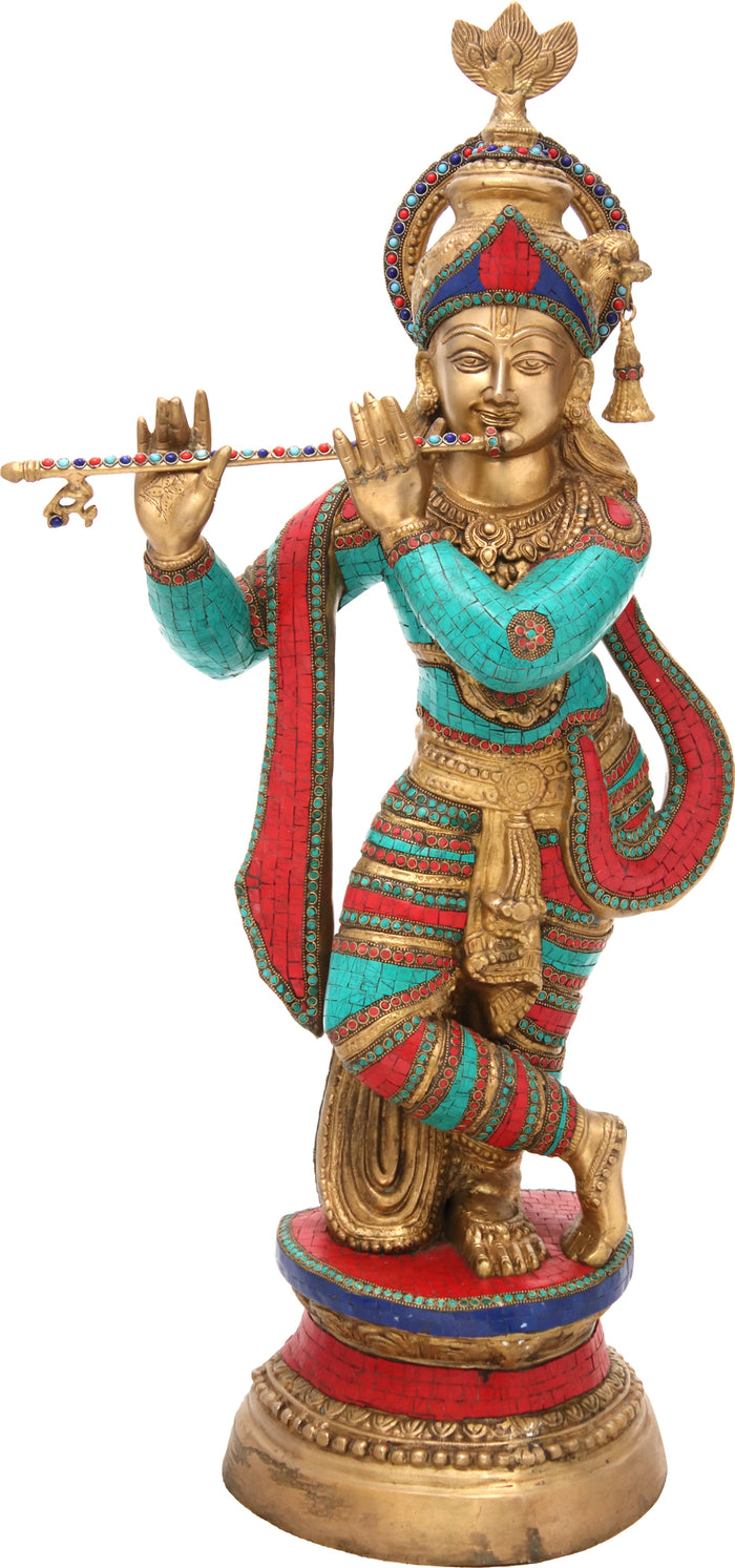 36" Large Size Krishna Playing on Flute In Brass | Handmade | Made In India