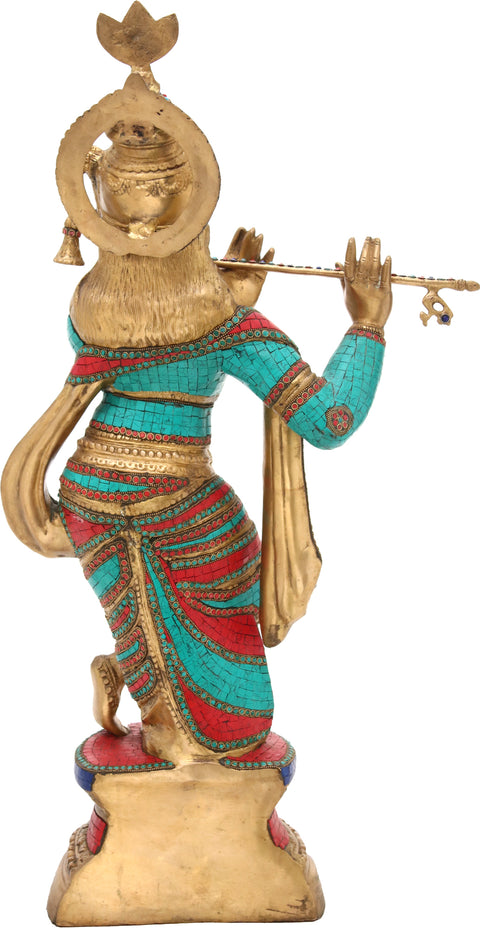 36" Large Size Krishna Playing on Flute In Brass | Handmade | Made In India