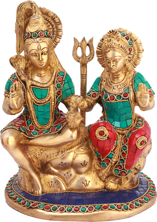 9" Shiva-Parvati Seated on Kailasha Brass Statue Handmade
