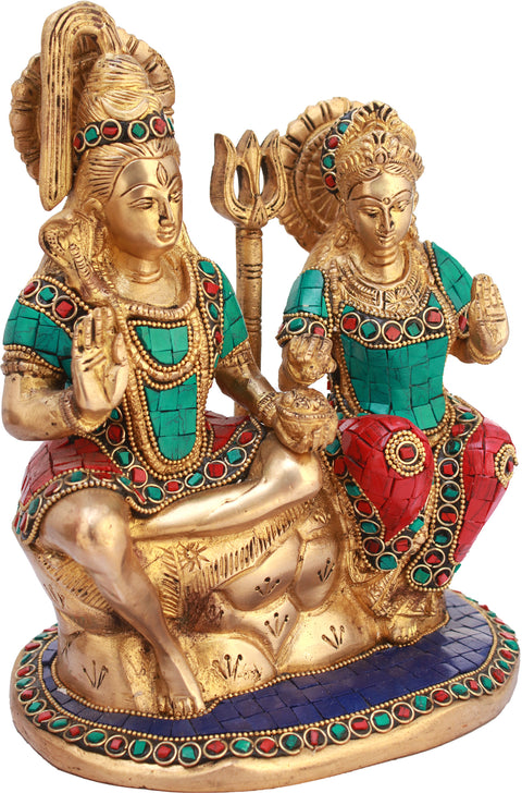 9" Shiva-Parvati Seated on Kailasha In Brass | Handmade | Made In India