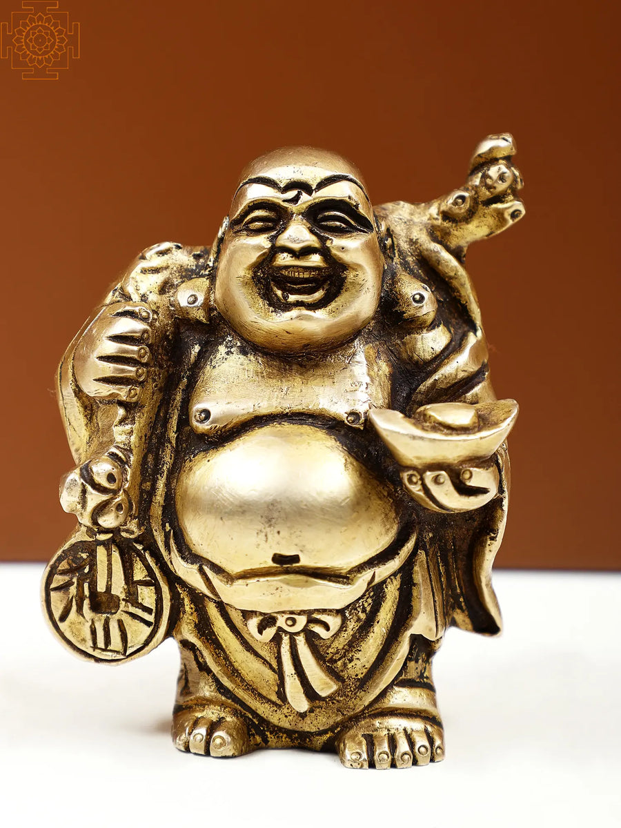 3" Small Brass Laughing Buddha Idol for Prosperity & Home Decor