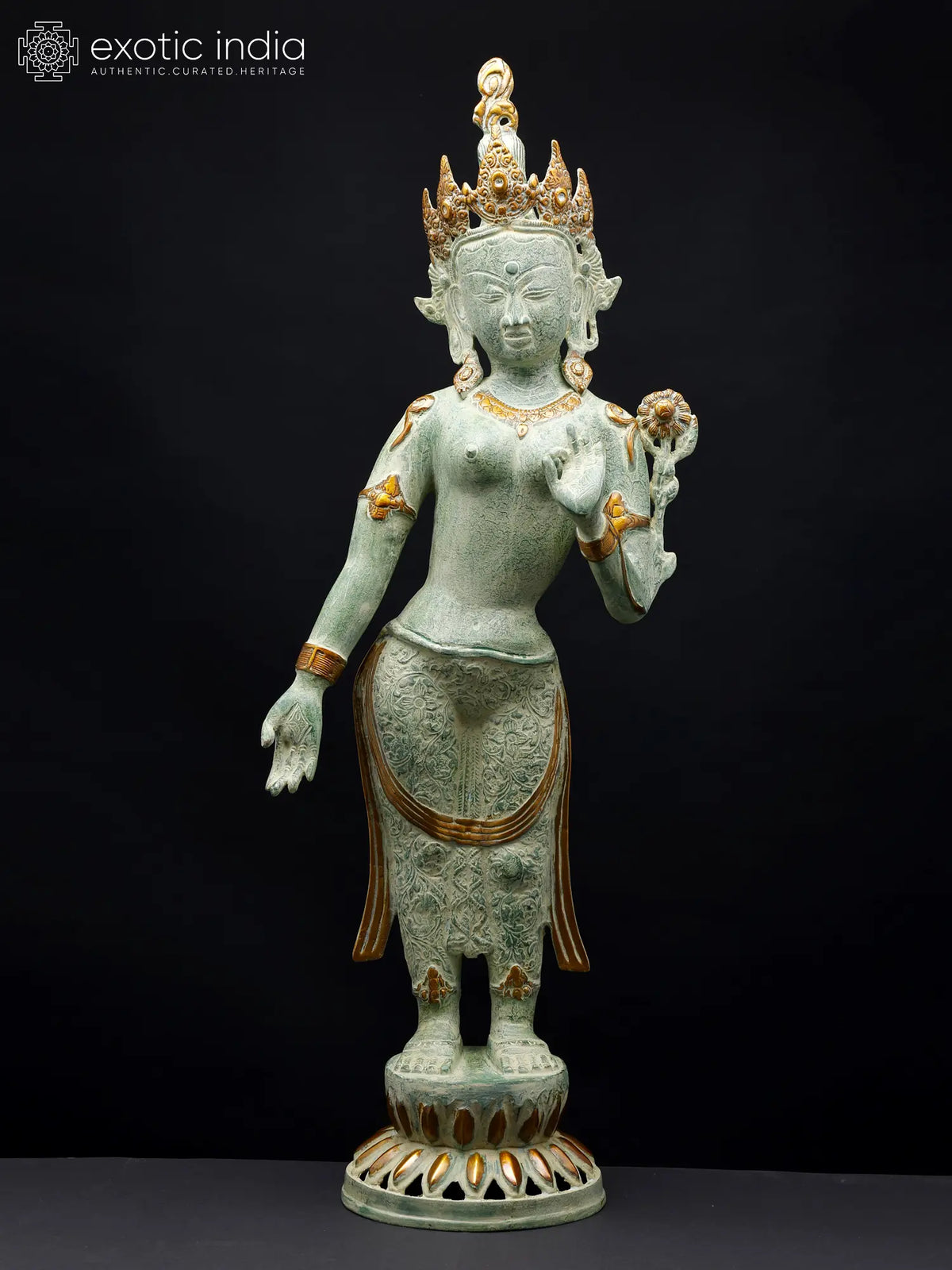 30" Tibetan Buddhist Deity- Standing Tara (Large Size) In Brass | Handmade | Made In India