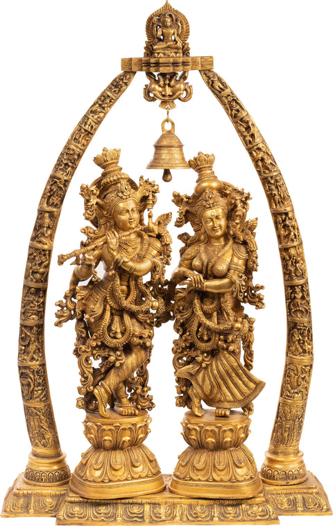 45" Large Embellished Radha Krishna Brass Statue with Temple Aureole & Krishna Leela Episodes