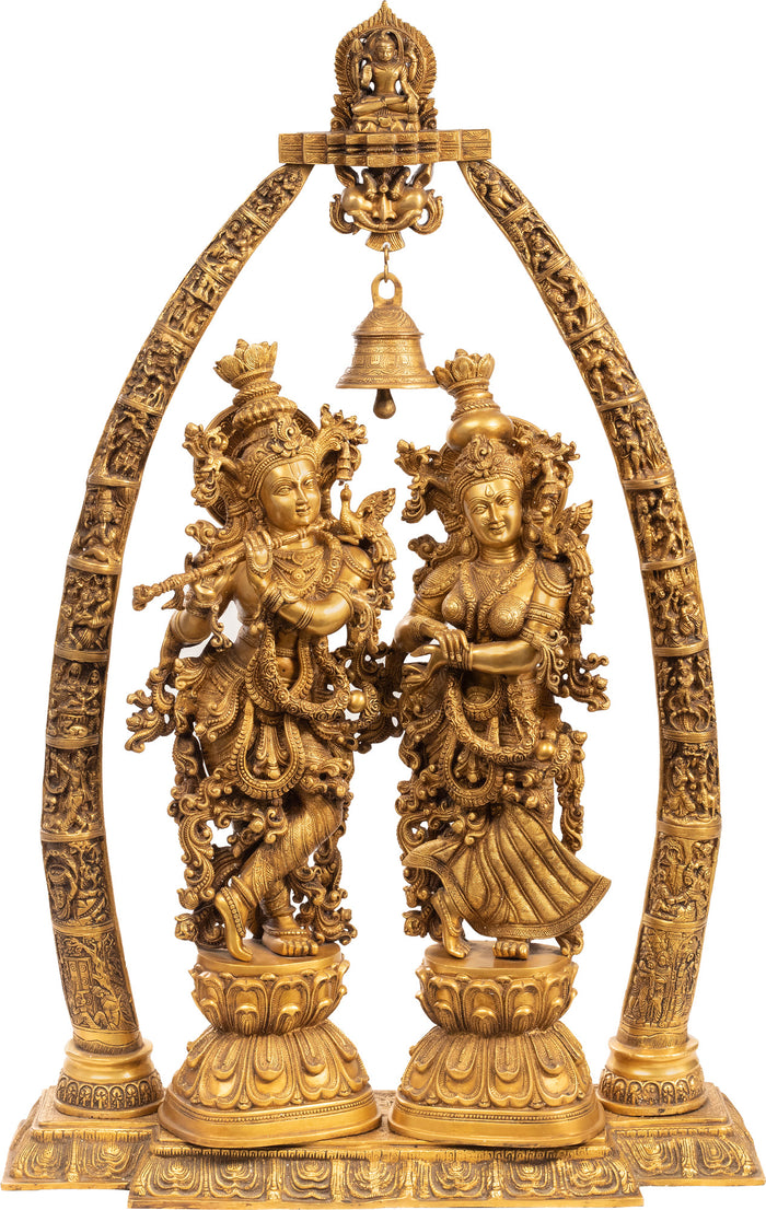 45" Large Embellished Radha Krishna Brass Statue with Temple Aureole & Krishna Leela Episodes