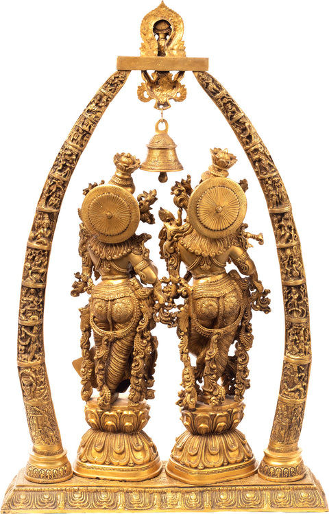 45" Large Embellished Radha Krishna Brass Statue with Temple Aureole & Krishna Leela Episodes