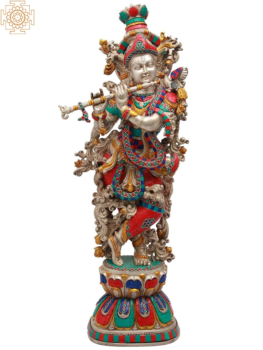 Large Brass Krishna Playing Flute Statue Handmade