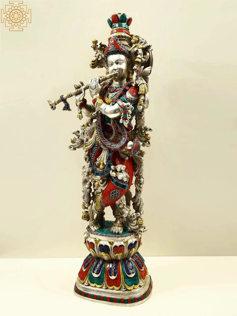 Superfine Large Size Brass Krishna Statue Playing Flute
