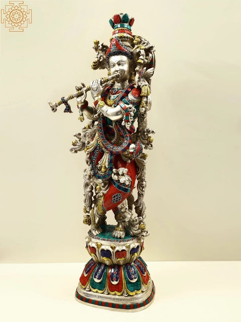 Superfine Large Size Brass Krishna Statue Playing Flute