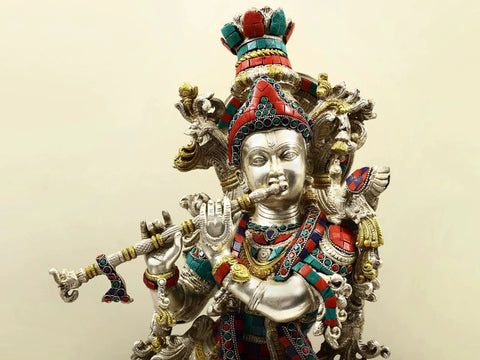 Superfine Large Size Brass Krishna Statue Playing Flute