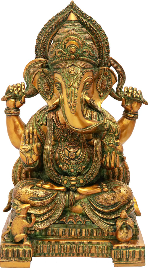 18" Handmade Crowned Ganesha Brass Statue for Pooja