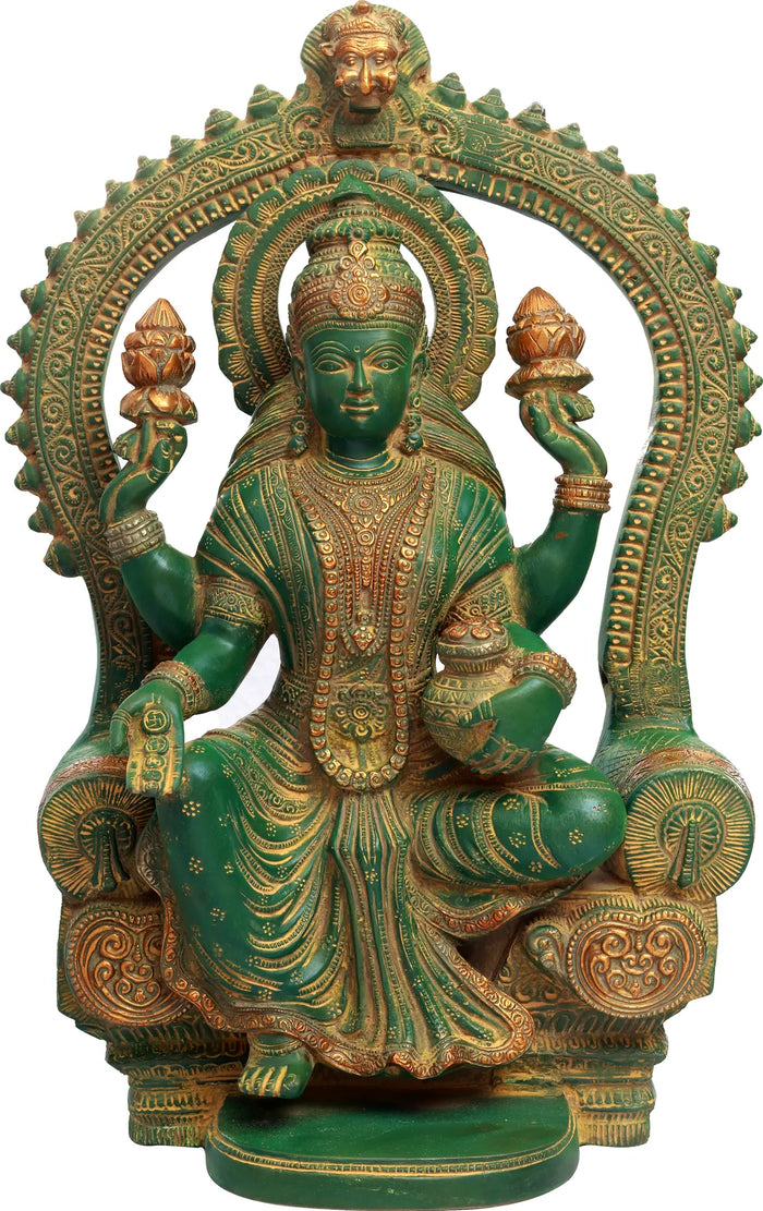 17" Goddess Lakshmi Brass Statue Seated on Throne with Wealth Pot