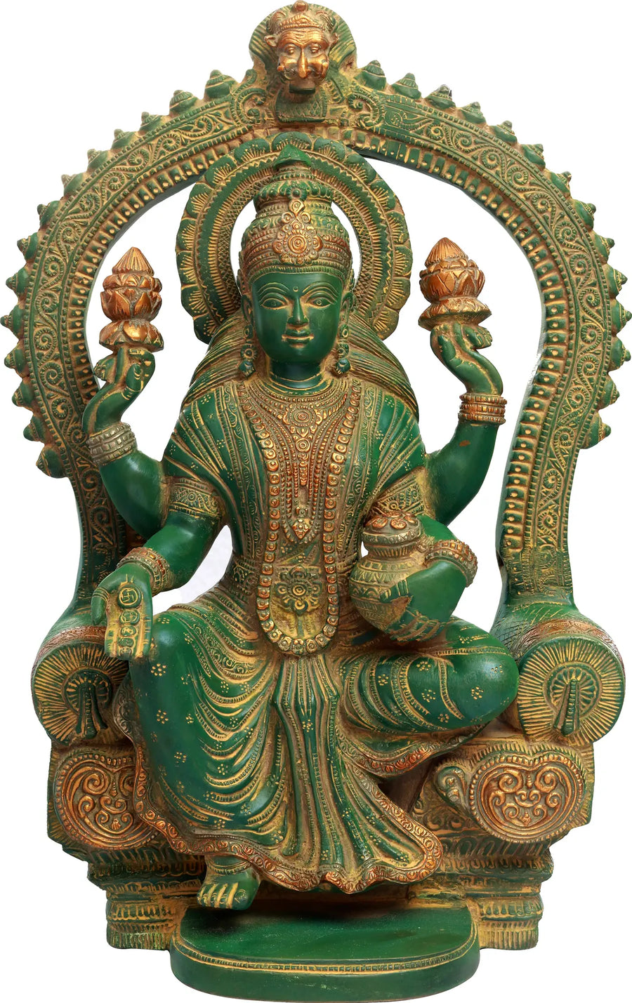 17" Goddess Lakshmi Brass Statue Seated on Throne with Wealth Pot