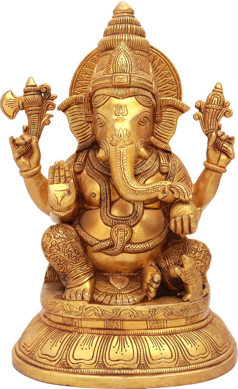 15" Finely Carved Lord Ganesha In Brass | Handmade | Made In India
