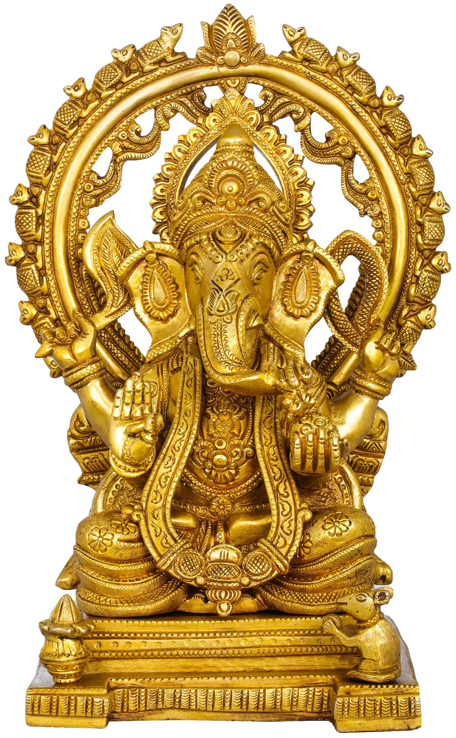 13" Ganesha on Throne Brass Statue with Marching Rats Aureole