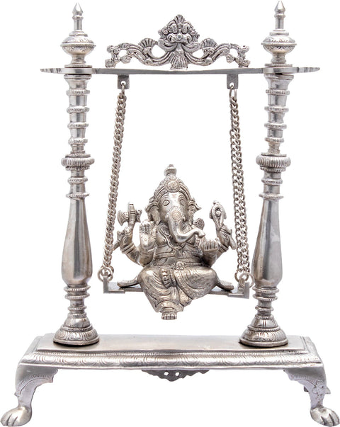 16" Lord Ganesha on a Swing (In Silver Colour) In Brass | Handmade | Made In India