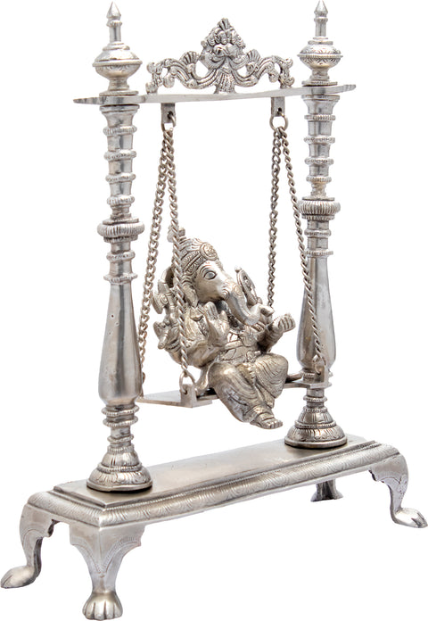 16" Lord Ganesha on a Swing (In Silver Colour) In Brass | Handmade | Made In India