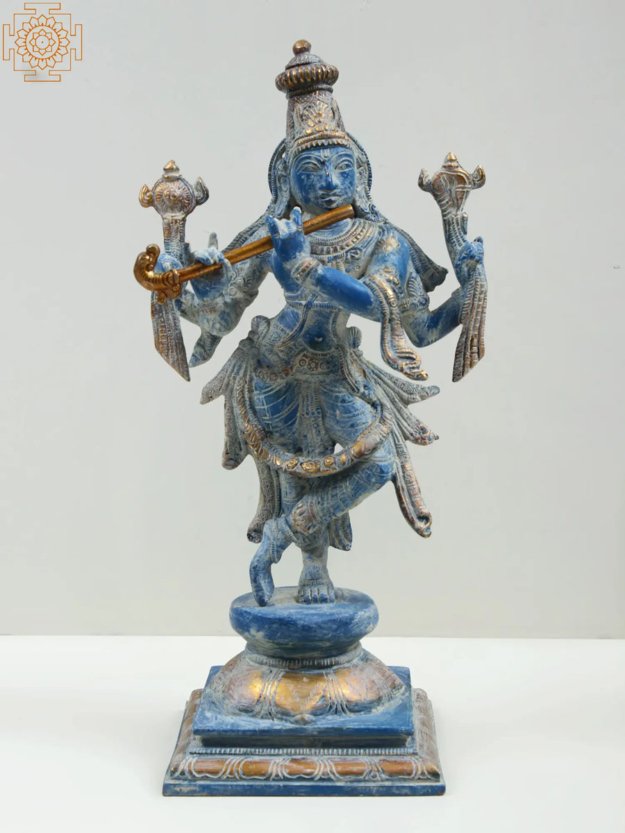 12" Handmade Lord Krishna Brass Statue for Temple Pooja