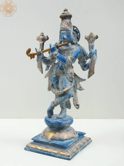 12" Lord Krishna Brass Statue | Handmade God Idol for Temple