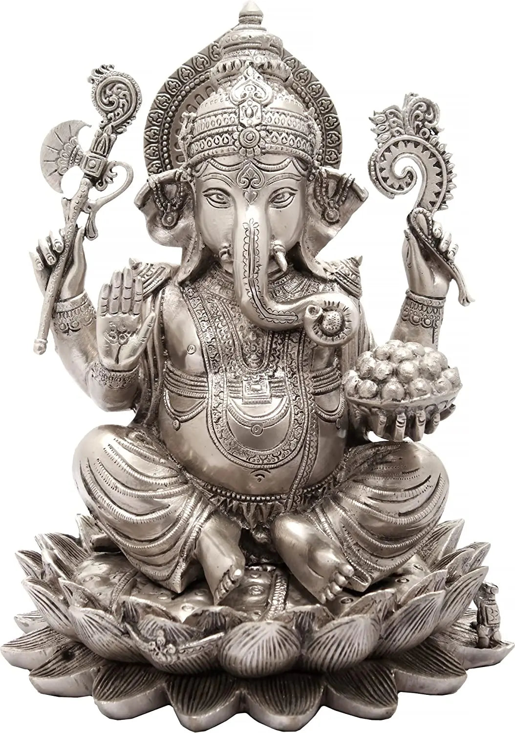 11" Lord Ganesha Seated on Lotus in Brass | Handmade | Made In India