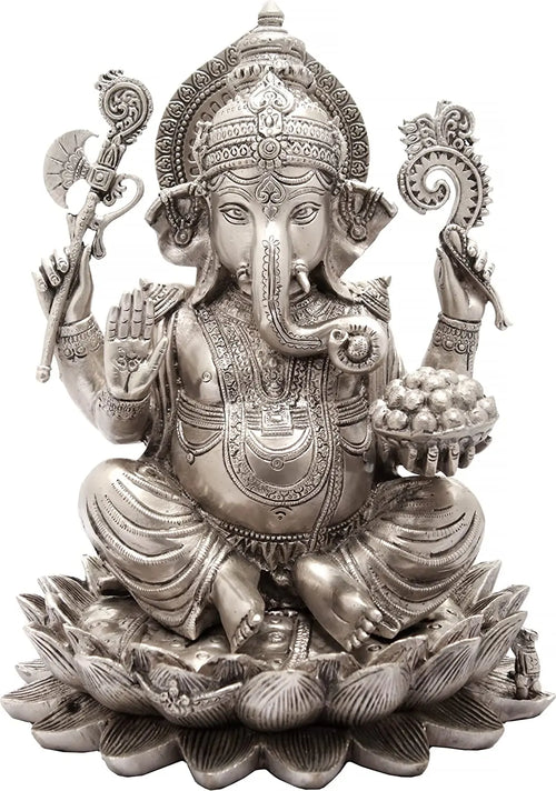 11" Lord Ganesha Seated on Lotus Brass Statue Handmade
