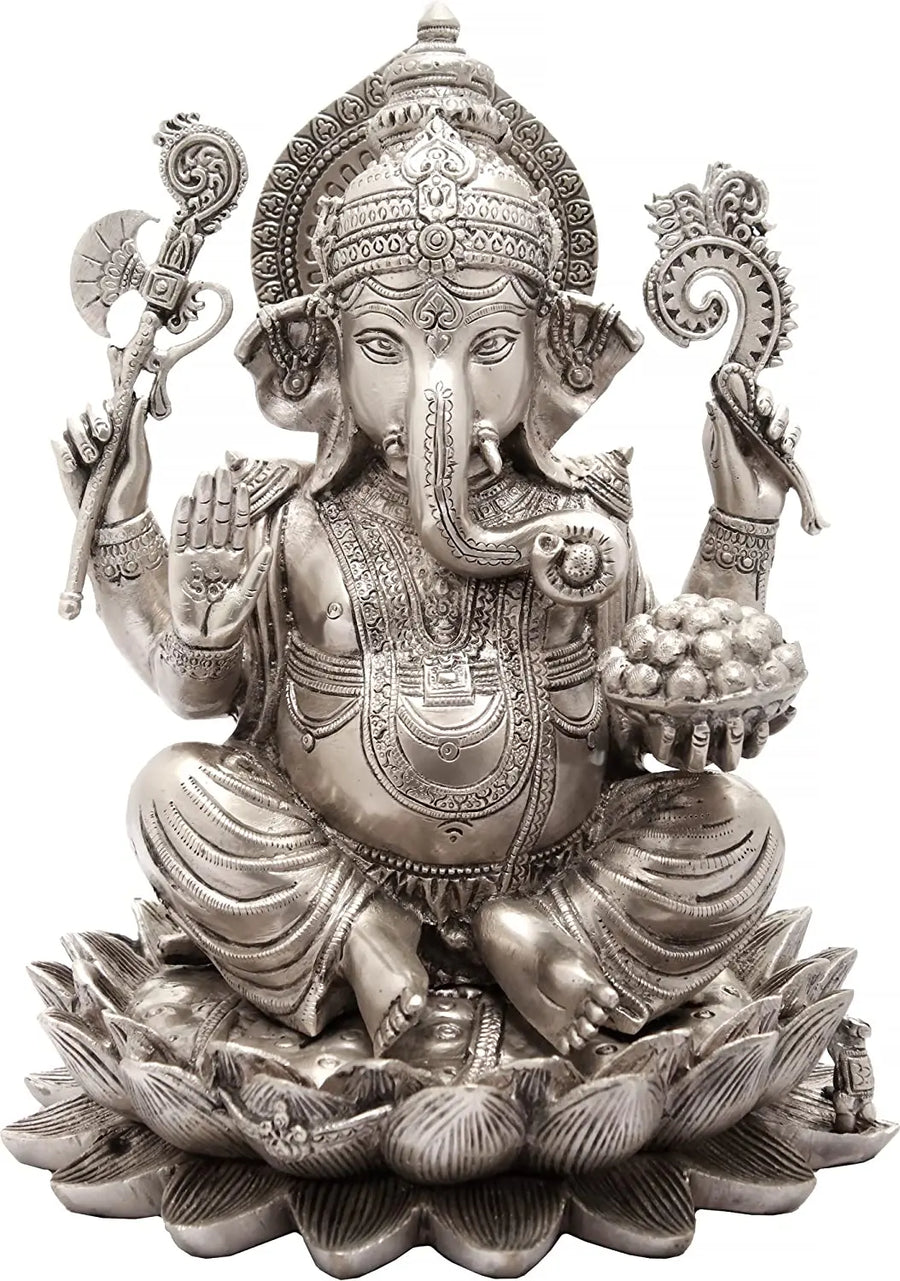 11" Lord Ganesha Seated on Lotus Brass Statue Handmade