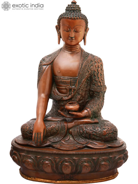 16" Lord Buddha in Bhumisparsha Mudra with Pindapatra (Robes Decorated with Chinese Auspicious Symbols, Dragons, Deer and Garuda) In Brass | Handmade | Made In India