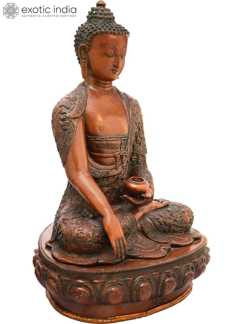 16" Lord Buddha in Bhumisparsha Mudra with Pindapatra (Robes Decorated with Chinese Auspicious Symbols, Dragons, Deer and Garuda) In Brass | Handmade | Made In India