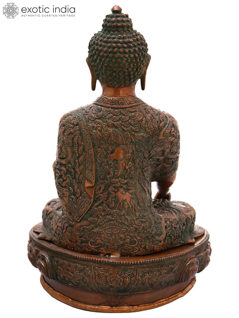 16" Lord Buddha in Bhumisparsha Mudra with Pindapatra (Robes Decorated with Chinese Auspicious Symbols, Dragons, Deer and Garuda) In Brass | Handmade | Made In India