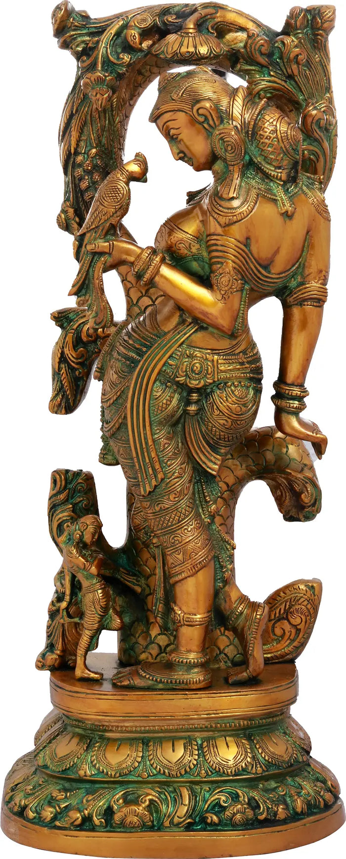 17" Handmade Apsara Brass Statue with Parrot - Celestial Nymph Sculpture