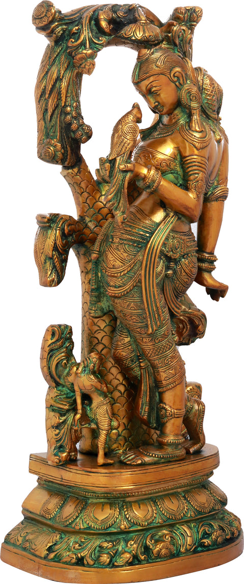 17" Celestial Nymph with Parrot Passing Message | Apsara Brass Statue | Elegant Handmade Indian Sculpture