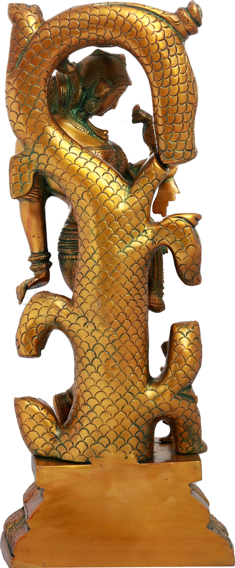 17" Celestial Nymph with Parrot Passing Message | Apsara Brass Statue | Elegant Handmade Indian Sculpture