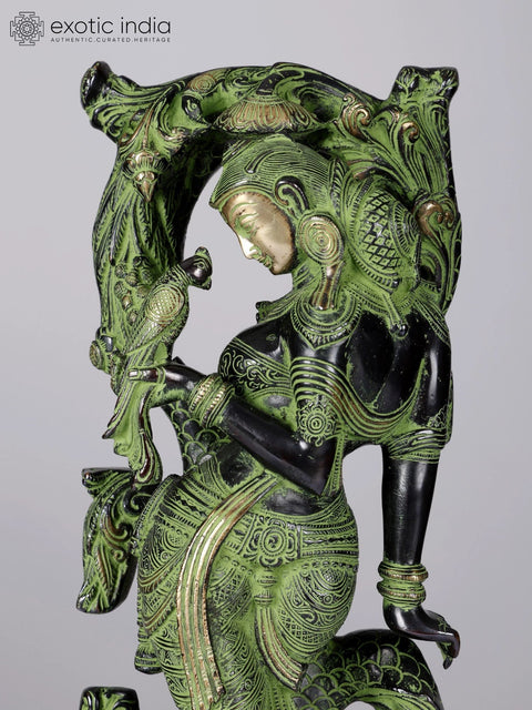 17" Celestial Nymph with Parrot Passing Message | Apsara Brass Statue | Elegant Handmade Indian Sculpture