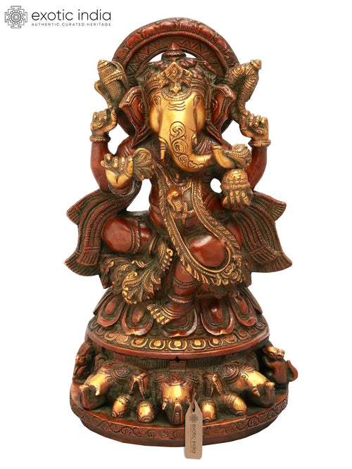12" Brass Lord Ganesha Idol Seated on Elephant Heads Handmade