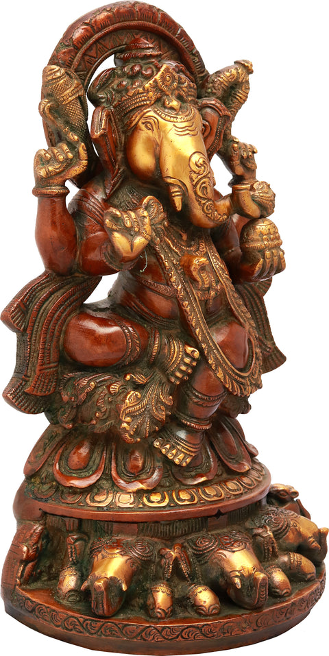 12" Brass Lord Ganesha Idol Seated on Three Elephant Heads | Handmade | Made in India