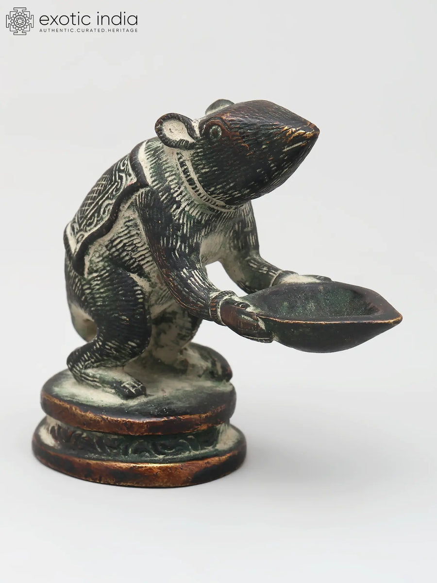 3" Ganesha Brass Lamp with Mouse - Handmade Diya Statue