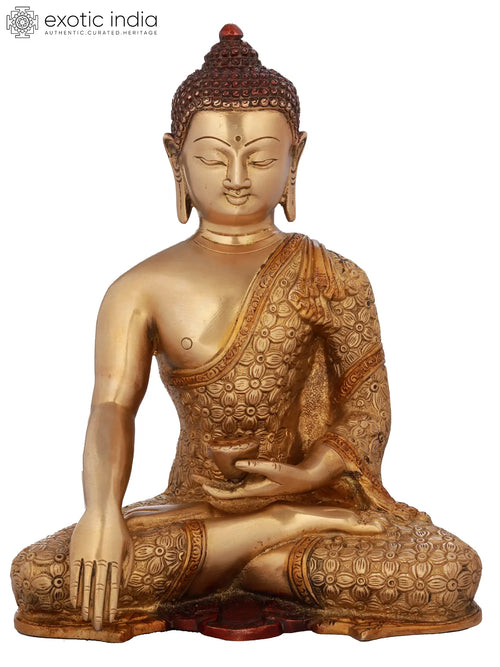 10" Brass Bhumisparsha Buddha Handmade Statue with Carved Robe