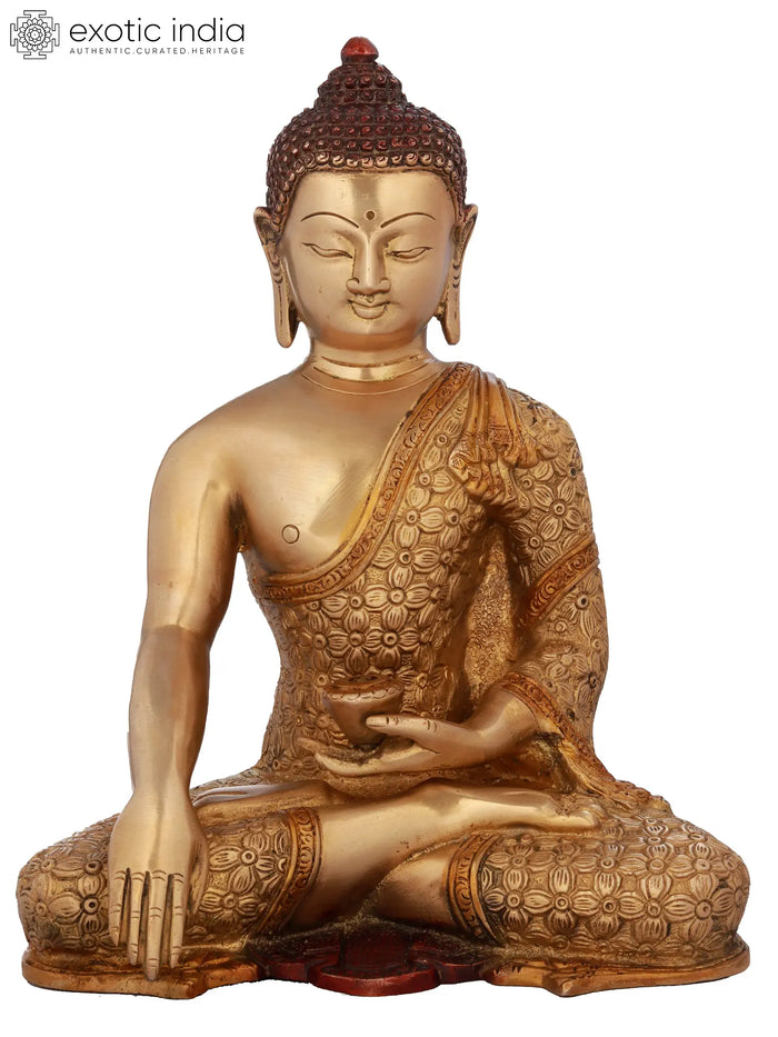 10" Brass Bhumisparsha Buddha Handmade Statue with Carved Robe