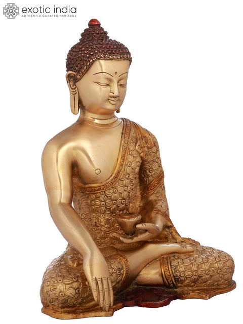 10" Brass Bhumisparsha Buddha Statue in Intrinsic Carved Robe | Handmade | Made in India