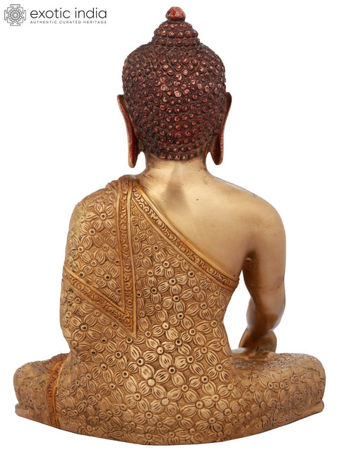 10" Brass Bhumisparsha Buddha Statue in Intrinsic Carved Robe | Handmade | Made in India