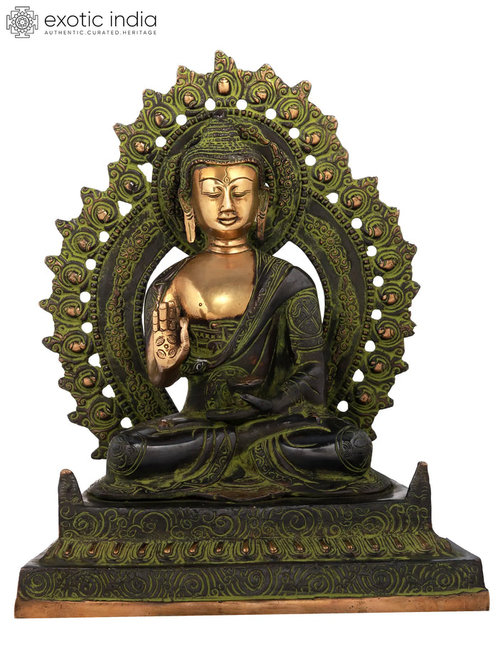 11" Handmade Blessing Buddha Seated Brass Statue with Throne
