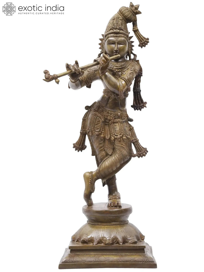 23" Tribhanga Krishna Brass Statue Playing Flute Handmade