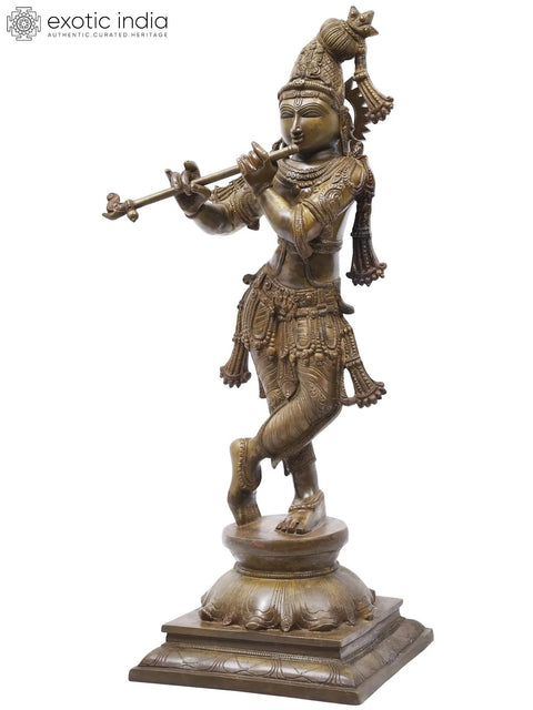 23" Tribhanga Murari (Krishna) Brass Statue Playing Flute | Handmade | Made in India