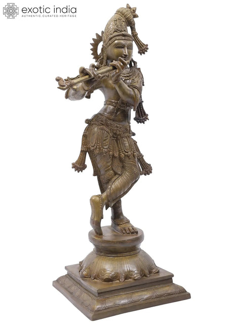 23" Tribhanga Murari (Krishna) Brass Statue Playing Flute | Handmade | Made in India