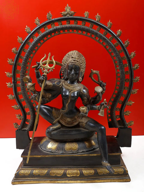 26" The Invincible Kali, Seated Under A Flaming Prabhavali In Brass