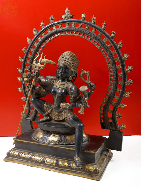 26" The Invincible Kali, Seated Under A Flaming Prabhavali In Brass