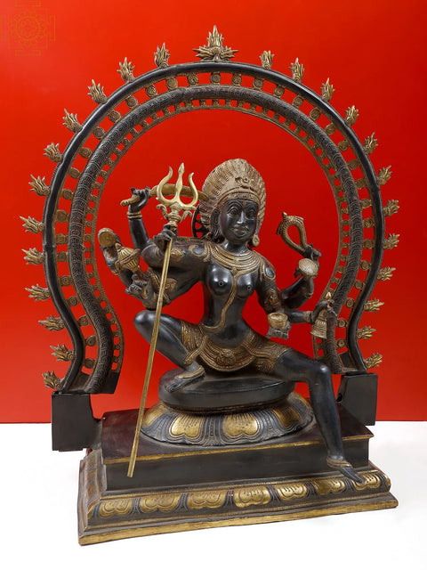 26" The Invincible Kali, Seated Under A Flaming Prabhavali In Brass