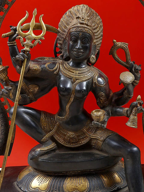 26" The Invincible Kali, Seated Under A Flaming Prabhavali In Brass