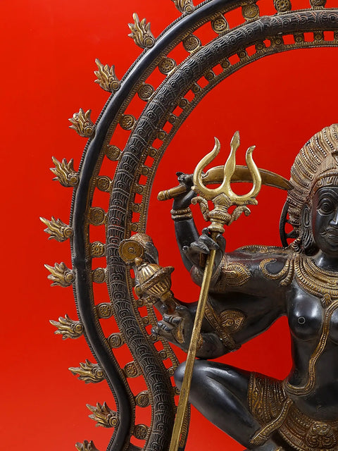26" The Invincible Kali, Seated Under A Flaming Prabhavali In Brass