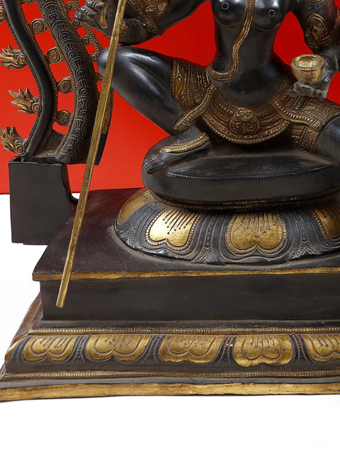 26" The Invincible Kali, Seated Under A Flaming Prabhavali In Brass